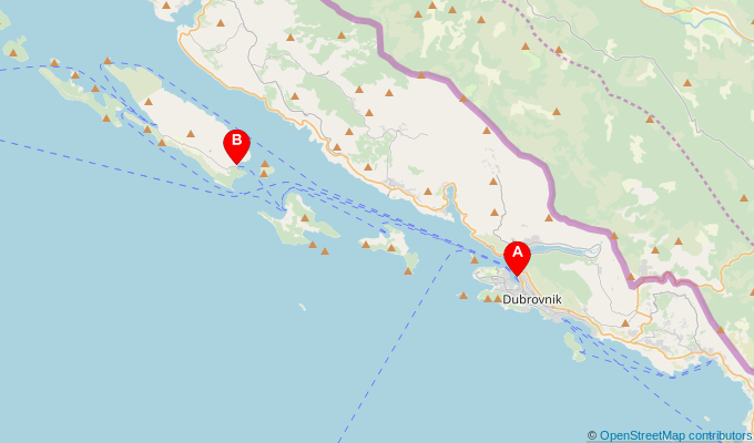 Map of ferry route between Dubrovnik and Sudurad